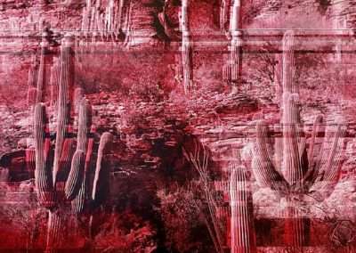 Abstract artistic rendition of a desert landscape featuring tall cacti and rugged cliffs, overlaid with a vivid red and white glitch effect inspired by my favorite things.