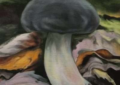 A painting of a single grey mushroom with a bulbous cap, standing amid contrasting brown and dark green foliage, rendered with a slightly blurred, impressionistic style.