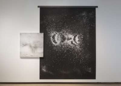 A modern art installation by Shoshannah White featuring two abstract paintings on a gallery wall, one large with a dark background and white speckles, and a smaller grey paneled piece beside it.