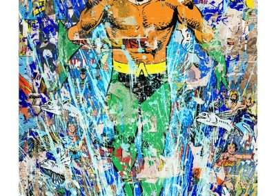 Comic book cover featuring Aquaman, illustrated in a vibrant and dynamic style with intense splashes of water and fish swirling around him, set against a backdrop of comic strips and abstract art.