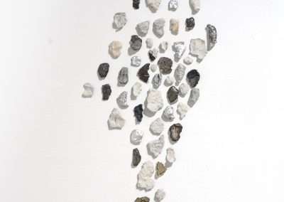 Various small stones arranged in an abstract pattern on a white wall, each stone differing slightly in shape, size, and color ranging from white to gray.