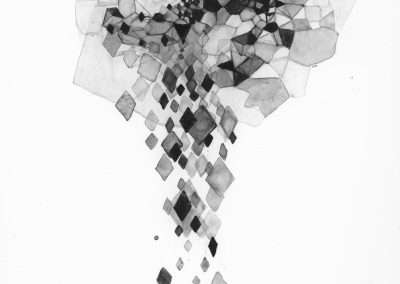 Abstract black and white artwork featuring a cluster of varying geometric shapes that gradually disperse towards the bottom.