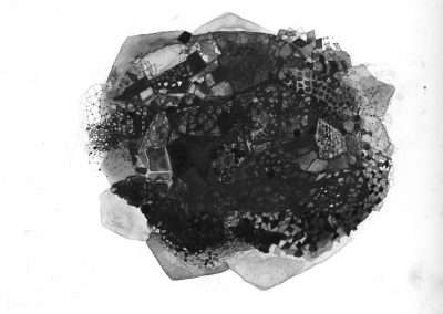 An abstract black-and-white ink blot with a complex, mosaic-like pattern resembling shattered glass or crystalline structures.