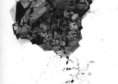 Black and white abstract artwork depicting a fragmented, irregular shape resembling a floating rock or landmass. The shape consists of geometric and mosaic-like patterns, with smaller fragments and particles dispersing from its lower side.