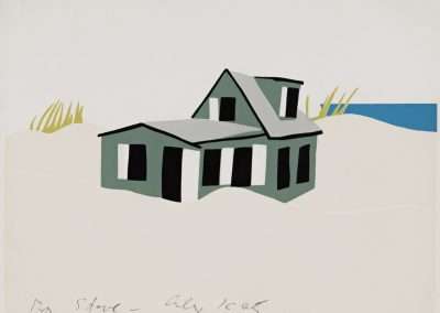 A minimalist illustration, reminiscent of Alex Katz, depicts a grey house with black windows and a small dormer. The house is surrounded by sand dunes with sparse greenish-yellow vegetation. The background features a blue ocean and a clear white sky. The words "Ten Store" are handwritten at the bottom.