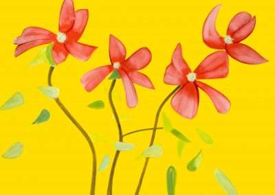 Digital painting in the style of Alex Katz featuring four red flowers with green leaves and stems on a bright yellow background. The flowers each have five petals, and some green leaves are falling, imparting a sense of movement to the piece.