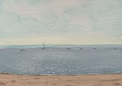 A serene seascape painting depicts a calm ocean with a hint of waves, under a soft, light blue sky. Several small boats float scattered in the distance, and the scene is bordered by a sandy shore in the foreground.