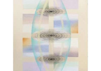 An abstract artwork featuring a symmetric, elongated oval shape with concentric circle patterns and light blue hues. The background has gradient pastel tones in rectangular sections, creating a tranquil and harmonious composition.