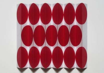 A piece of modern art featuring a grid of red ovals arranged in four rows and four columns against a white background. The ovals are evenly spaced, creating a geometric and symmetrical pattern.