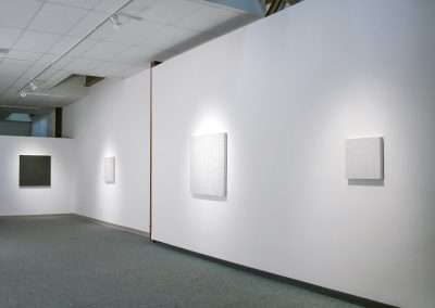 A gallery room with white walls displays four monochromatic Teo Gonzalez rectangular art pieces. The artworks are spaced out and mounted on the walls. The ceiling features track lighting that illuminates each piece, and the floor is carpeted.