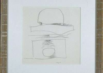 A minimalist sketch, reminiscent of Frederick Hammersley's style, is framed in a light wooden frame. The drawing features simple geometric shapes, including a half-circle, a wavy line, and a rectangle containing an oval. The lines are gracefully drawn with pencil on a plain white background.