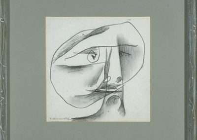 A grayscale abstract drawing, reminiscent of Frederick Hammersley's style, features a face with exaggerated features, including one large eye, a prominent nose, and curving lines suggesting facial contours. The artwork is framed in a simple, distressed grey frame.