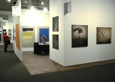 Art gallery with white walls displaying various paintings. A person stands to the left, observing the artwork. A small table with flowers is positioned in the center. The gallery is illuminated by overhead lights, highlighting the art pieces.