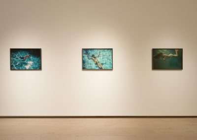 A minimalist gallery wall displaying three framed photographs of people swimming underwater. Each photo captures different poses of the swimmers in various shades of blue and green water, with the swimmers appearing serene and fluid in their movements.