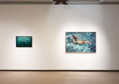 Two framed photographs hang on a white wall in an art gallery. The left photo depicts a person swimming underwater, while the larger right photo shows another underwater scene with a person swimming amidst blue-green water. The setting is brightly lit and minimalist.