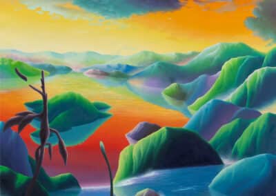 A vibrant painting by Adam Sorensen depicts a surreal, colorful landscape with smooth, rolling green hills partially submerged in a calm blue river, under a dramatic sky with orange and purple clouds.