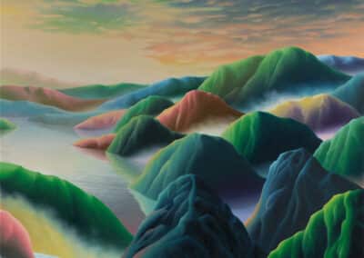 A surreal painting by Adam Sorensen featuring rolling hills and calm waters under a colorful sky at sunset. The hills are vibrant with shades of green, pink, and purple, creating a tranquil and