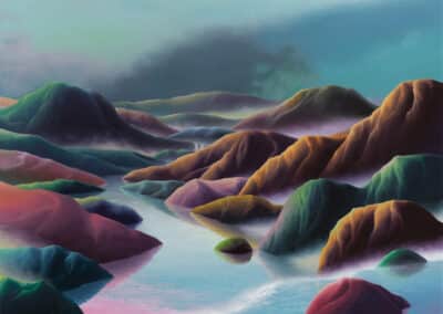 A surreal painting by Adam Sorensen depicting a river winding through colorful, smooth, rounded hills under a soft, dusky sky. The hills are tinted in shades of pink, green,