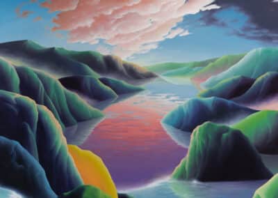 A vibrant painting by Adam Sorensen depicting a river winding through colorful, rolling hills under a dynamic sky with pink and blue clouds. The landscape features vivid greens, blues, and purples
