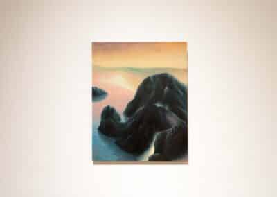 A painting of dark, rocky formations emerging from a body of water, with a sky transitioning from warm hues at the horizon to cooler tones higher up. The scene is serene, with soft lighting creating a calm atmosphere. The artwork is displayed against a plain, light-colored wall.