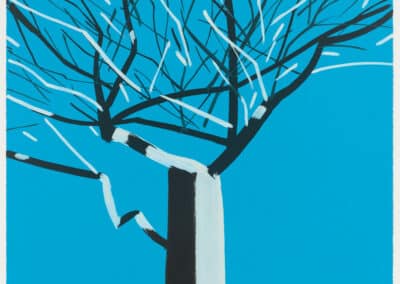 A stylized painting of a tree with a white trunk and branches against a vibrant blue sky. The branches are depicted with bold black outlines and small white patches suggesting light play.