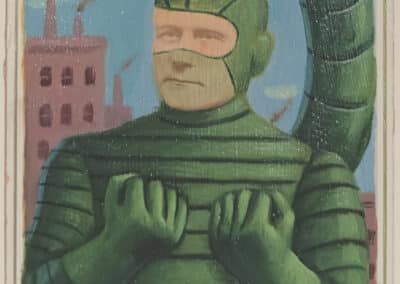 Illustration of a superhero character dressed in a green suit with arms crossed, wearing a mask and helmet with a spiral design. Industrial buildings with smokestacks in the background. Painted portrait style with a signature and text at the bottom.