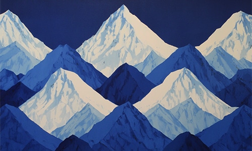 A stylized painting of multiple mountain peaks in shades of blue and white, depicted in a geometric, layered pattern against a dark blue background, showcased at art exhibitions.
