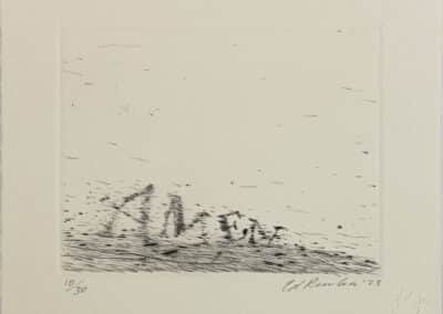 An intricate etching of a sparse landscape with a cluster of thin, sketch-like figures or structures in the center, surrounded by a scattering of lines suggesting motion or wind, signed and numbered in pencil.