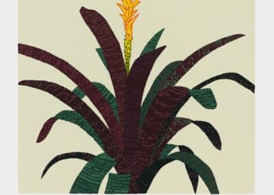 Graphic print of a stylized bromeliad plant with textured green and purple leaves and a bright orange flower spike, set against a light background with the word "bromeliad" at the bottom.