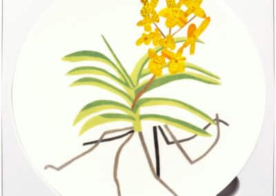 A decorative plate featuring a vivid illustration of a yellow orchid with green leaves and brown roots, set against a plain white background.