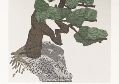 Art print of a stylized bonsai tree with green leaves on a thick trunk, positioned above the word "bonsai" in bold, block letters at the bottom.