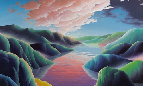 Surreal painting of a tranquil river winding through vibrant green and blue rolling hills under a sky with pink and blue clouds, featured in art exhibitions.