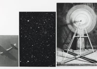Triptych image featuring a vintage airplane in flight, a starry night sky, and a close-up view of a spiral structure on a reflecting surface.