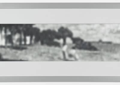 A rectangular-framed, blurry grayscale image shows an unclear landscape with indistinct figures or objects in the foreground and a line of trees or similar shapes in the background. The details are not discernible due to the soft focus.