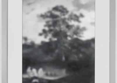 A grayscale framed photograph depicting a blurry landscape with a large tree in the center and several indistinct figures or objects near the bottom. The scene appears to be outdoor and natural, but details are unclear due to the blurriness.