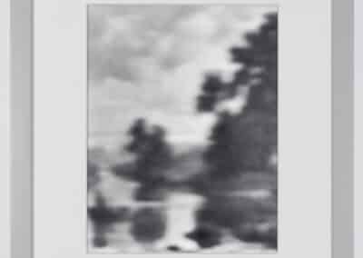 A grayscale, slightly blurred image in a grey frame. The image appears to depict a landscape scene with trees and possibly a body of water, but the details are indistinct. The frame is simple and surrounds a white mat that highlights the central picture.