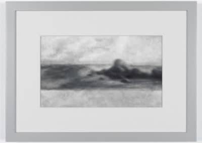 A grayscale image of a seascape painting in a simple gray frame. The abstract scene features a cloudy sky above a dark, blurred horizon over the sea. The brushstrokes are soft and the overall mood of the painting feels moody and introspective.