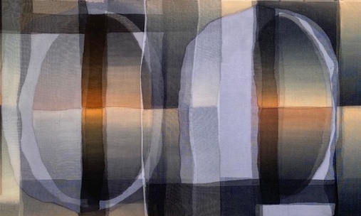 An abstract painting featuring two large, overlapping ovals with gradient shading in the center. Geometric patterns with intersecting rectangular shapes in muted tones of blue, gray, and brown create a layered, translucent effect. Such pieces are often featured in prominent art exhibitions.