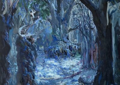 An intricate, dreamlike painting by Oliver Polzin captures a forest bathed in ethereal blue and purple light. Large, gnarled trees frame a path through dense foliage. Shadows and dappled light create a mystical, otherworldly atmosphere.