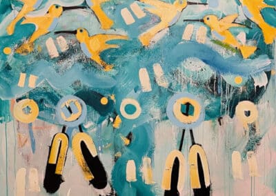 A vibrant abstract painting by Gregory Lomayesva with yellow birds flying across a teal and green background. The artwork features various geometric shapes like circles and rectangles, and brushstrokes in white, black, and yellow, giving it a dynamic and lively feel.