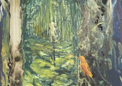 A painting by Oliver Polzin depicts a lush, dense forest with vibrant green foliage. A brown dirt path leads through the trees, with sunlight filtering through the leaves. A small orange bird perches on a tree stump in the foreground, and a mysterious figure stands in the distance.