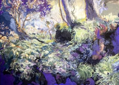 A vibrant, surreal painting by Oliver Polzin depicts a forest with dense, exaggerated greenery. Trees have twisting branches, and the foliage is rendered in shades of green, purple, and blue. A partially hidden face blends into the background, adding a mystical element to the scene.