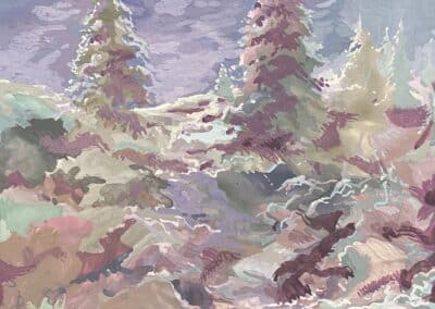 A scenic painting by Oliver Polzin portrays an ethereal winter landscape with snow-covered trees and ground, under a pale blue sky. The scene is rendered in soft, pastel colors blending purples, blues, and hints of green, creating a dreamy, otherworldly ambiance.