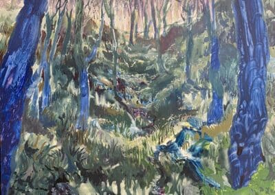 A vividly colored painting by Oliver Polzin depicts a dense forest scene. Trees with varying shades of blue and green trunks stand amidst a lush landscape of green foliage and ferns. The light filters through the canopy, casting dappled patterns on the forest floor.