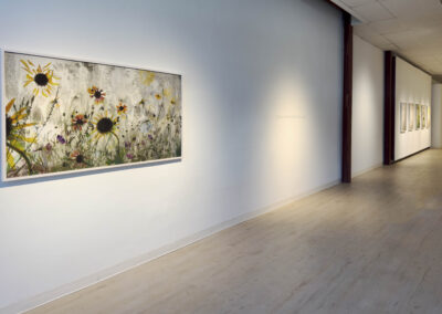 A gallery hallway with light wood flooring and white walls displays colorful botanical artwork. In the foreground, a large 2025 painting by Elizabeth Chiles of wildflowers and sunflowers stands out; smaller, framed pieces line the corridor.